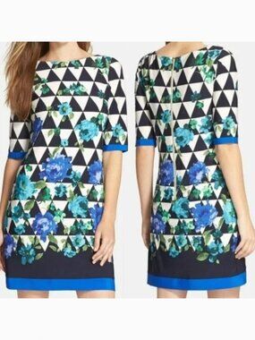 ELIZA J Blue Green Floral / White Black Geo Geometric Elbow Sleeve Shift Dress 6